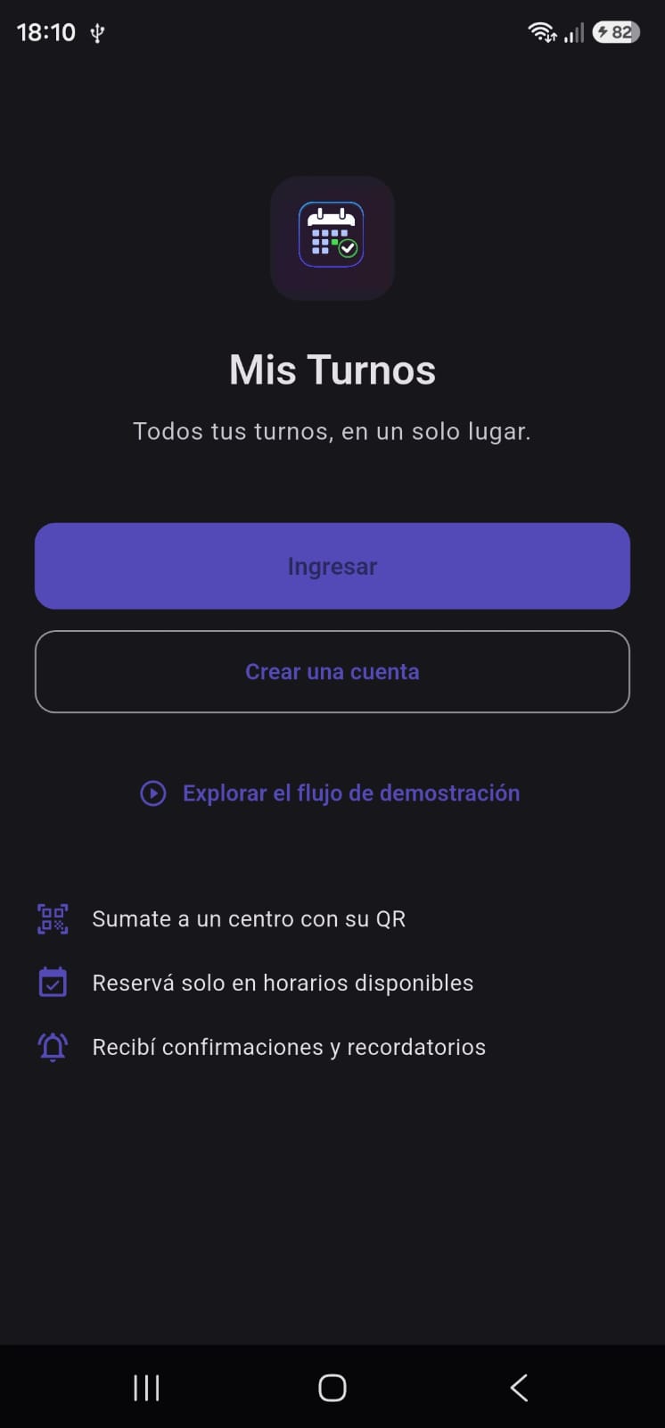 Pantalla de inicio de la app MisTurnos
