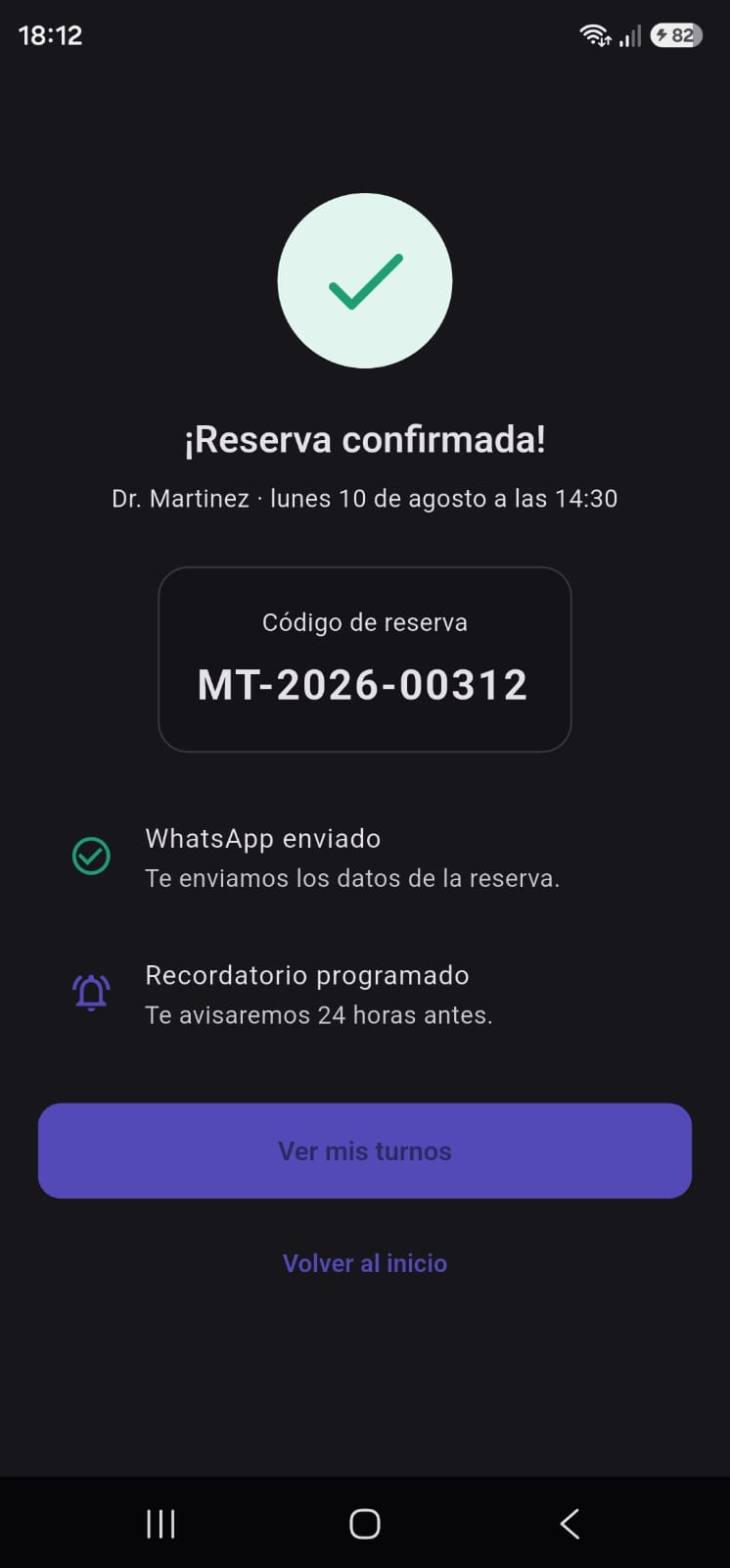 Pantalla de reserva confirmada en la app MisTurnos