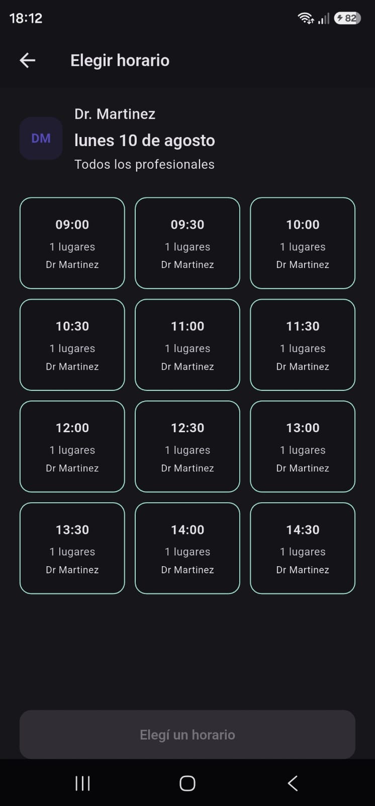 Pantalla para elegir horario en MisTurnos